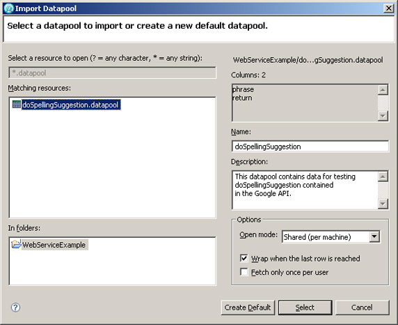 Figure 8. The Import Datapool dialog screen